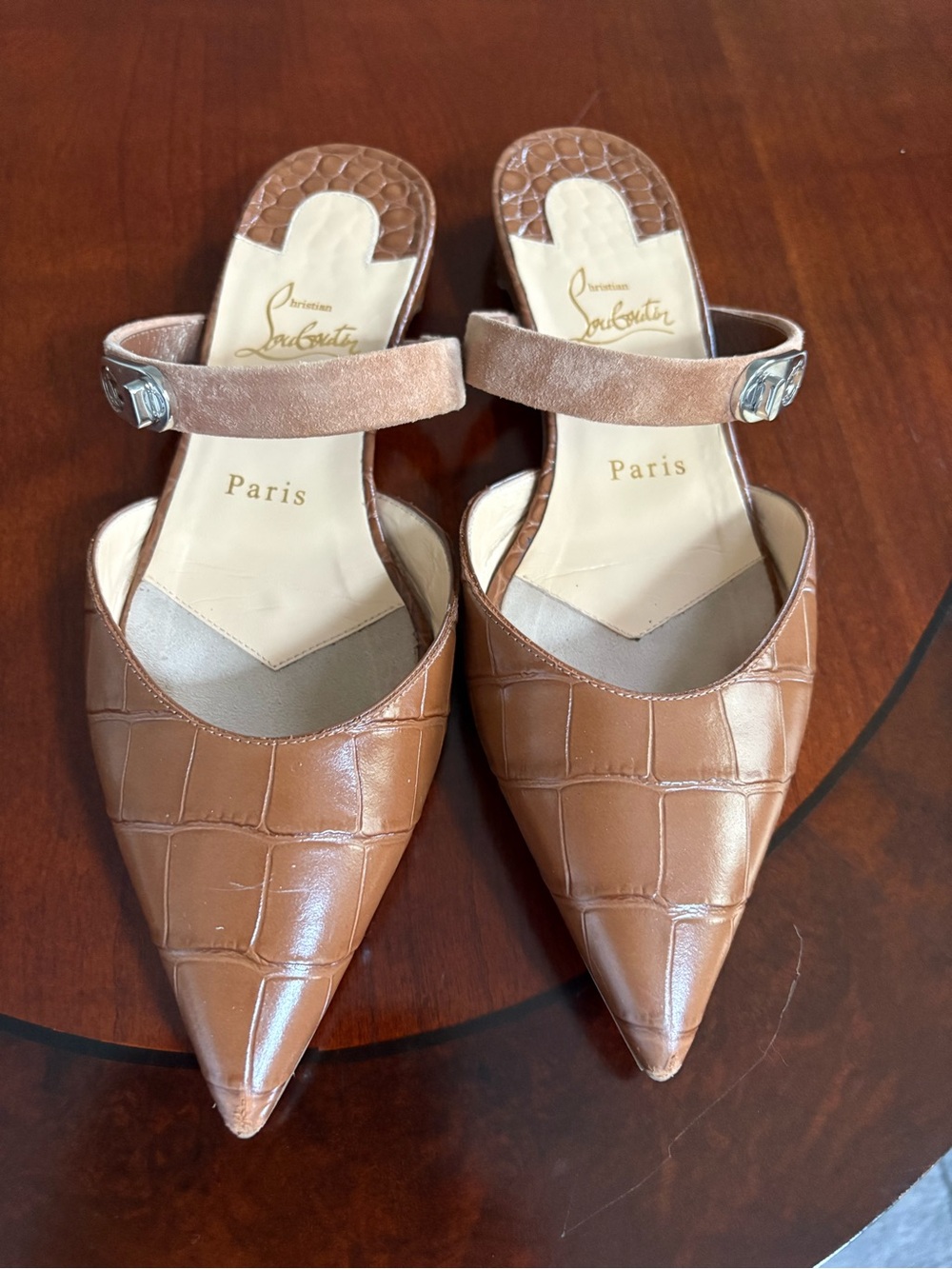 Authentic Christian Louboutin Tan Croc-Embossed Pointed-Toe Mules with Ankle Str
